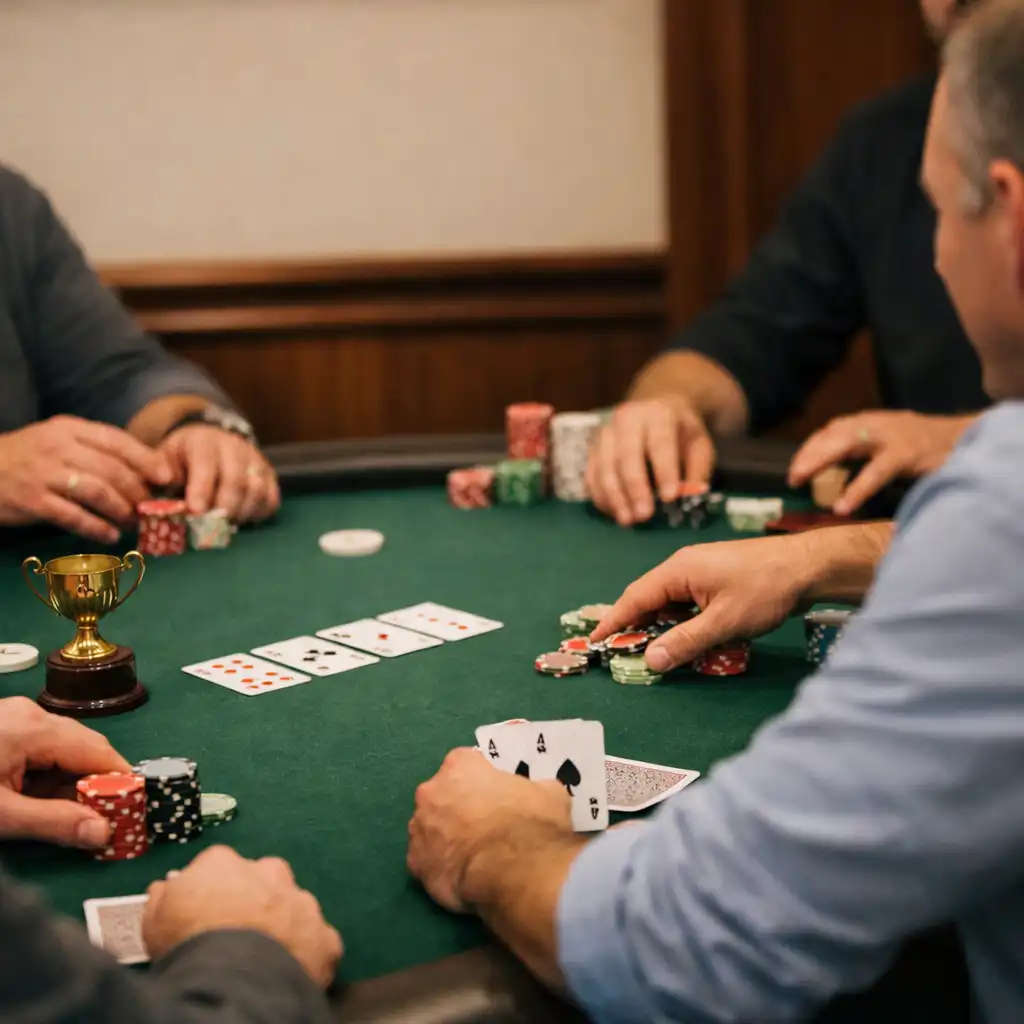 Guests dining in a warm club setting beside an emerald felt physical poker table
