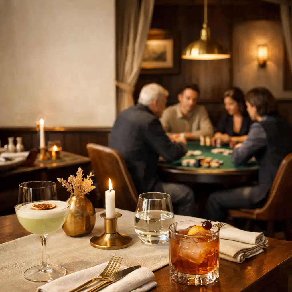Sunlit dining table leading toward an emerald felt poker table at Apuestas Elitte Club
