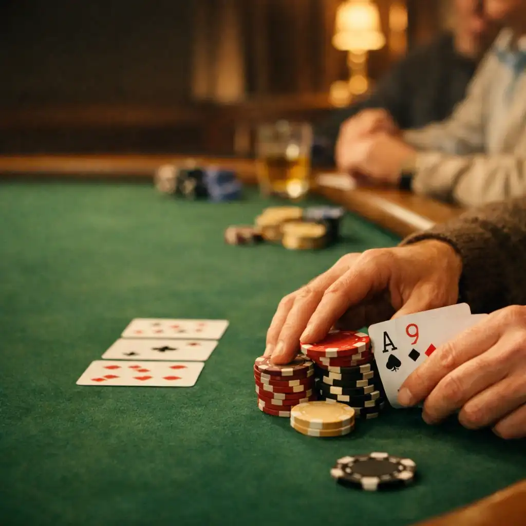 Hands arranging cards and tournament chips on an emerald felt poker table