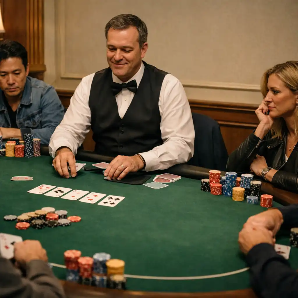 Adults gathered around an emerald felt Texas Hold’em tournament table with chips