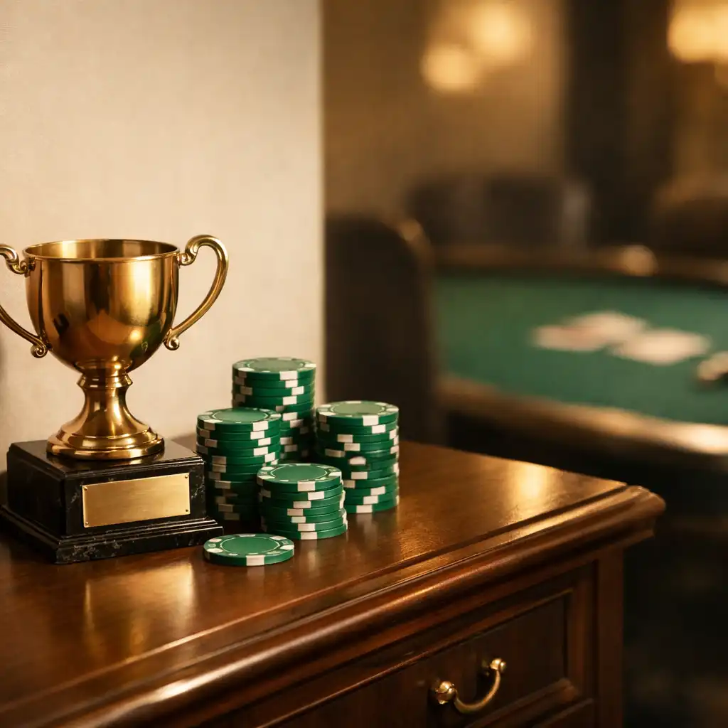 Brass club trophy beside emerald tournament chips in a softly lit card-room setting