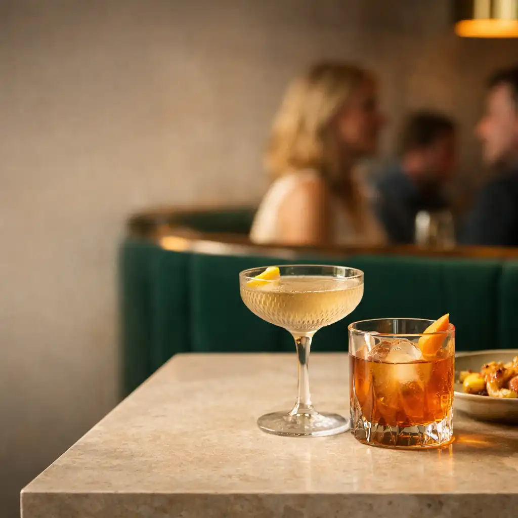 Two craft cocktails in textured glassware beside a shared table setting