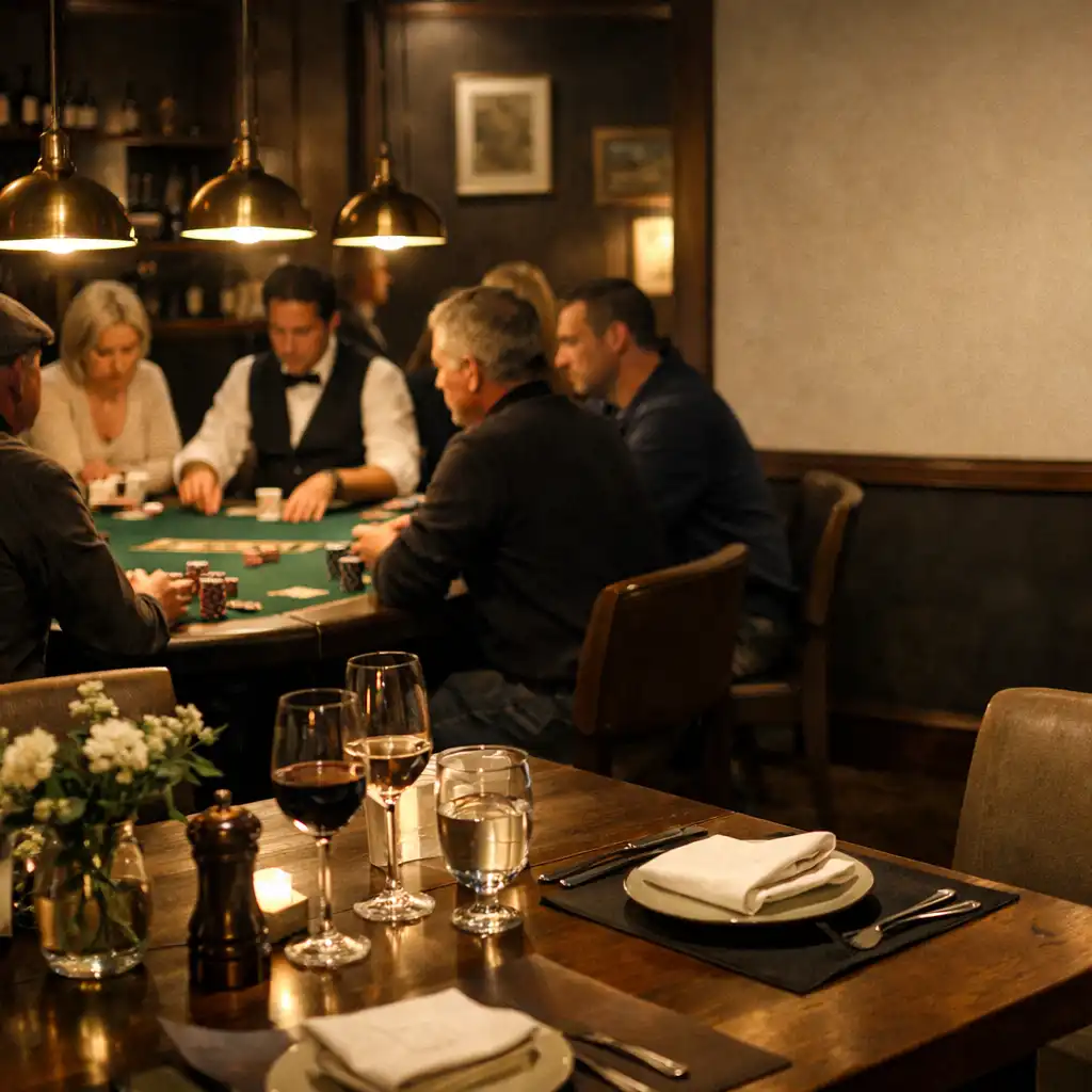 A warm club evening with dining, cocktails and a live felt poker table deeper in the room