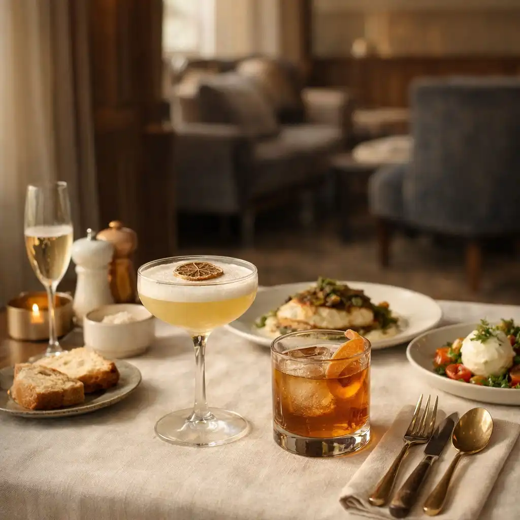 Craft cocktails and a refined artisanal table setting in the Apuestas Elitte gastro-bar