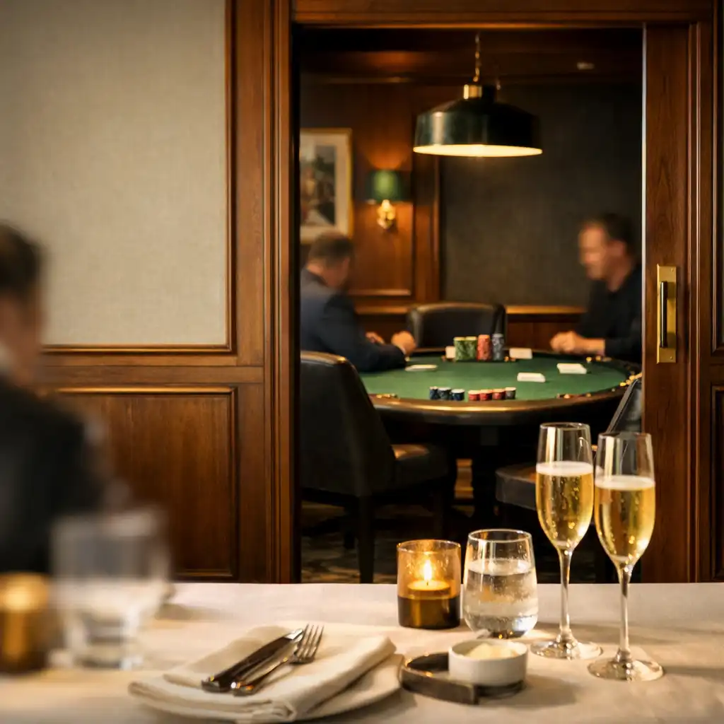 A linen-set dining table looking towards an emerald felt poker table in the club card room