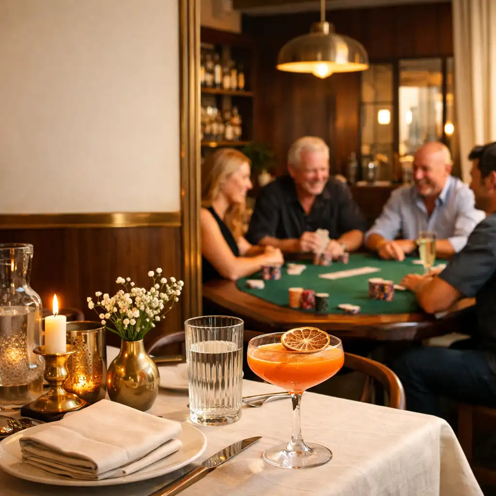 A warmly set dining table leading toward an emerald felt poker table in the club card room