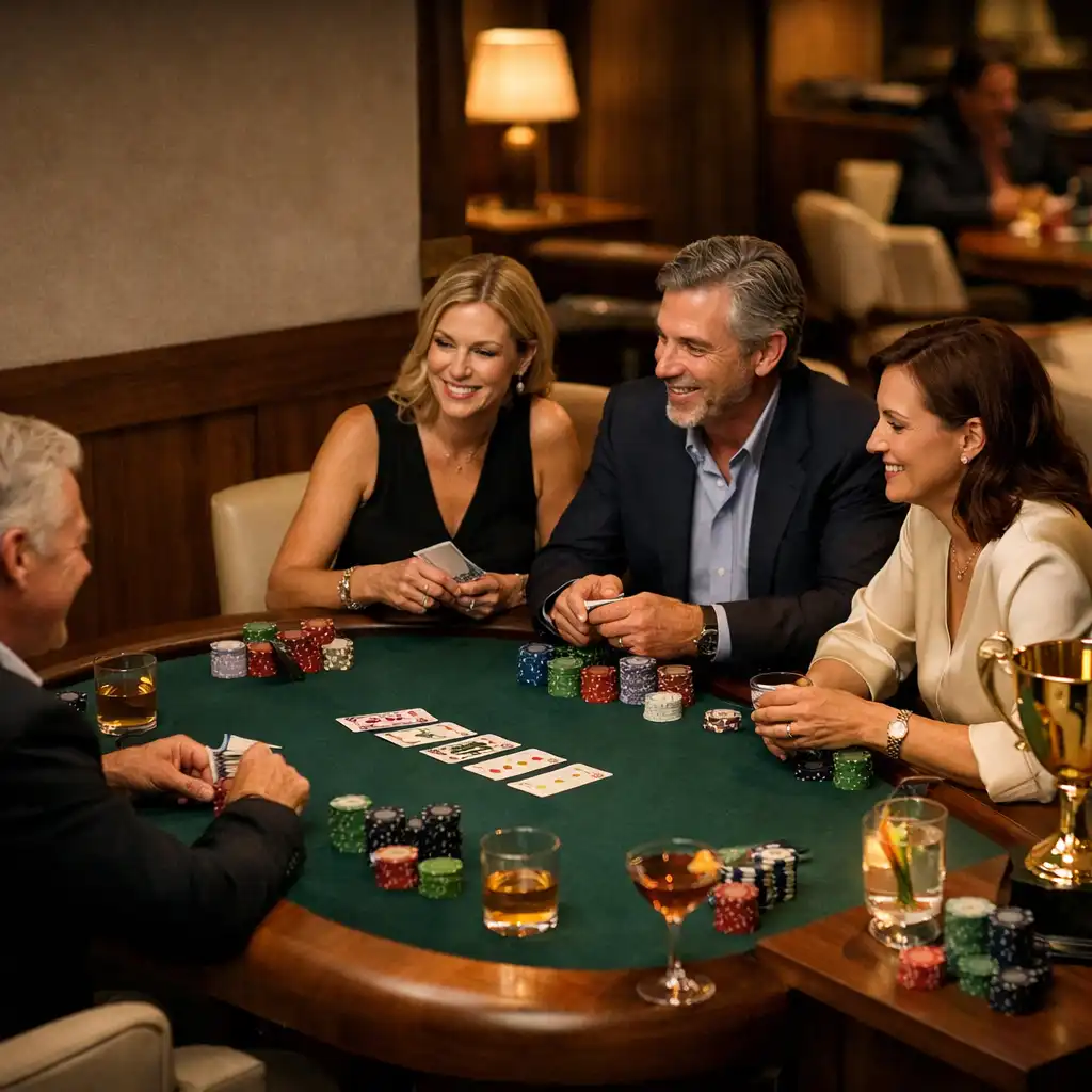 Adult guests gathered around an emerald felt poker table with cocktails and a trophy in the club lounge