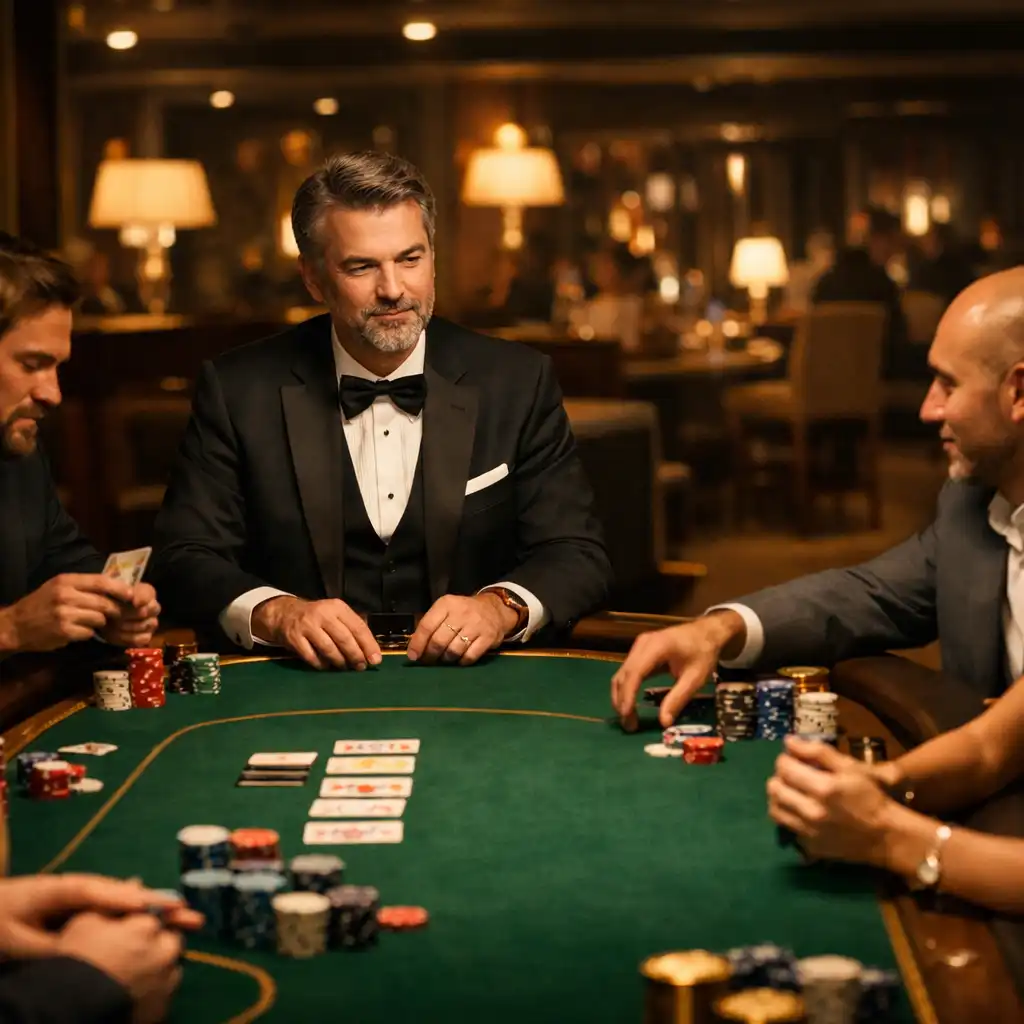 A refined hosted physical poker table with tournament chips, cards and brass trophy detail