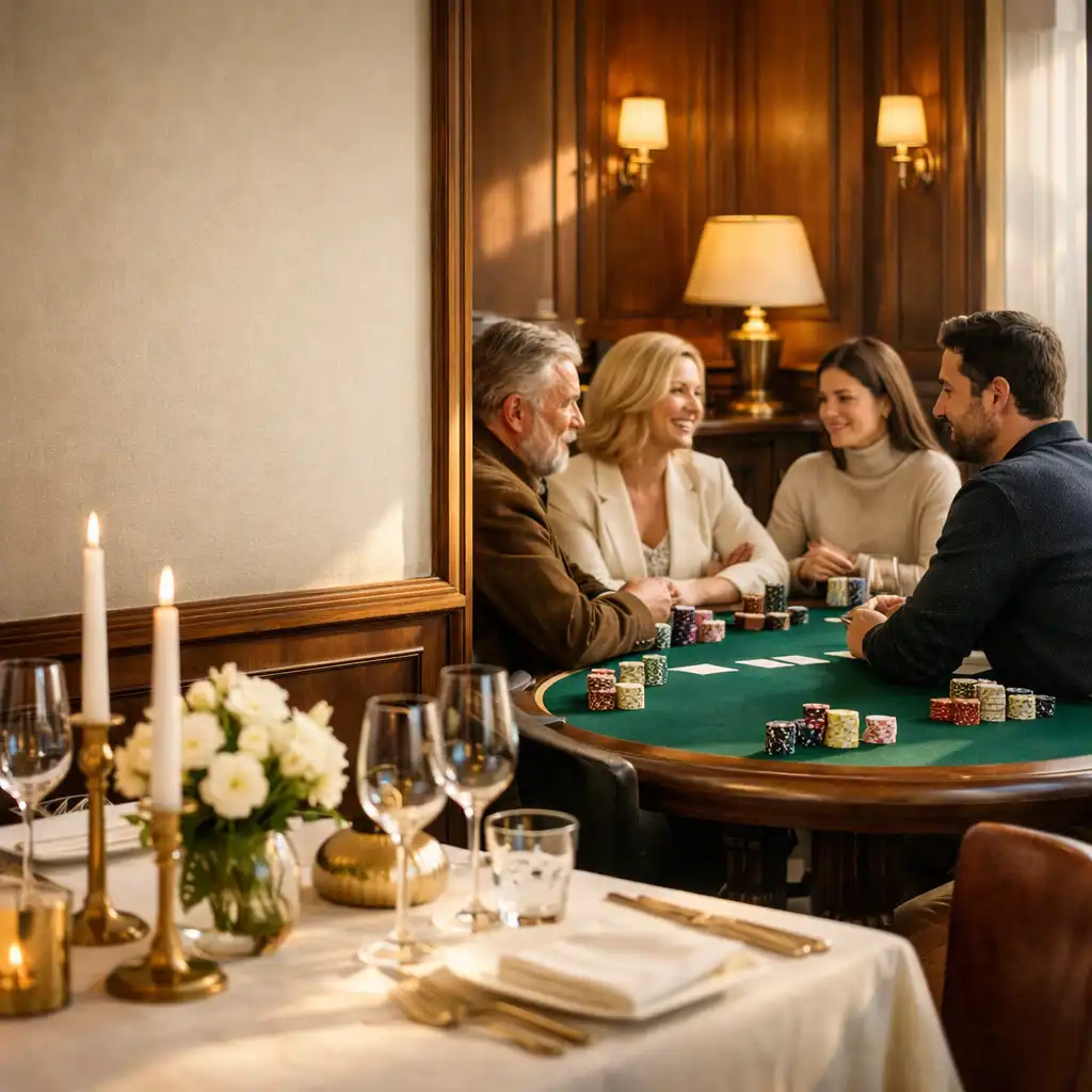 Sunlit dining setting leading toward an emerald felt Texas Hold’em table in the club card room