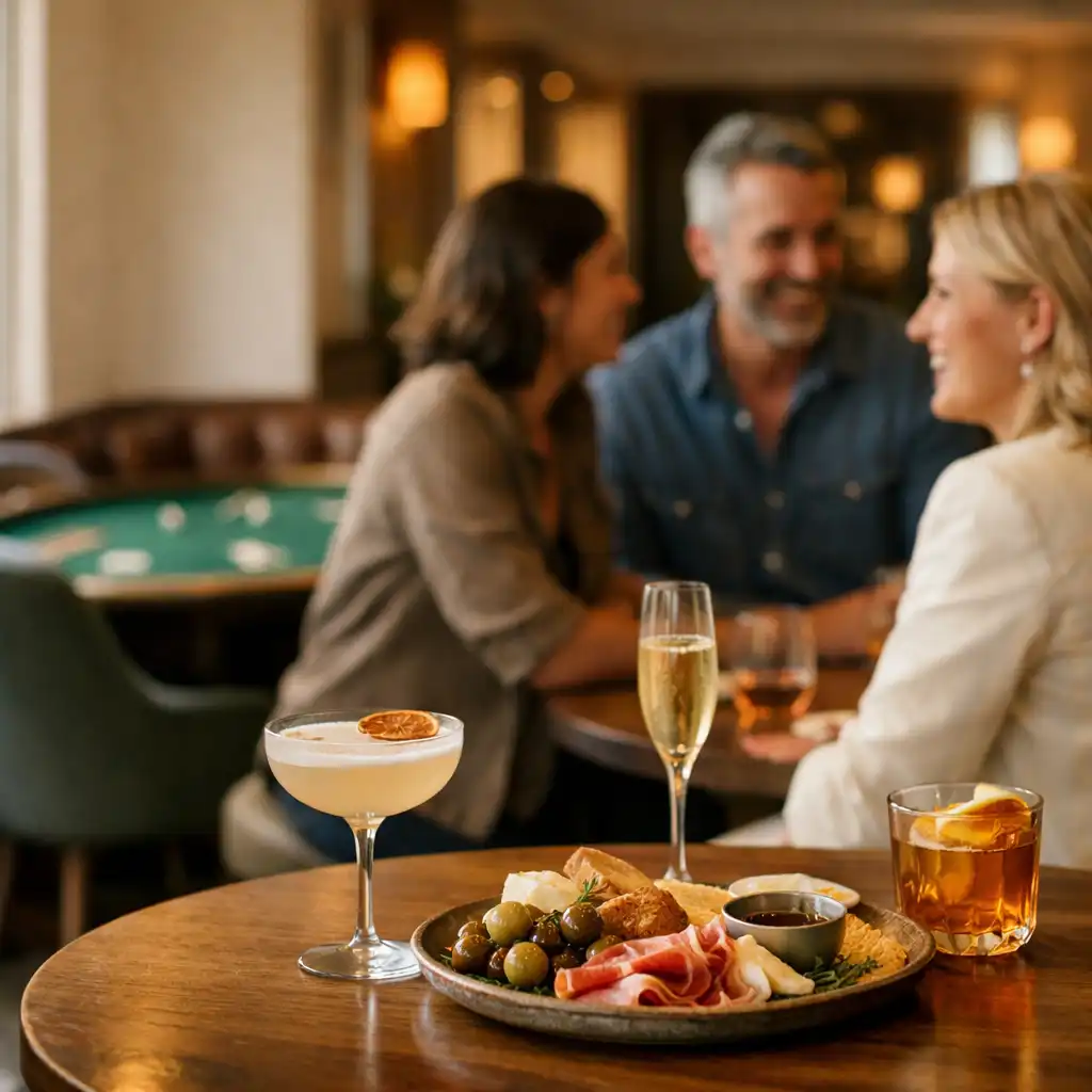 Friends in the club lounge beside an artisanal shared plate, cocktail glassware and a distant felt table