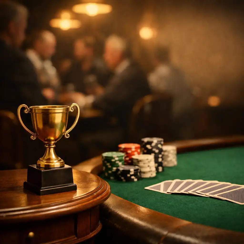 Small brass trophy beside tournament chips on an emerald felt physical poker table