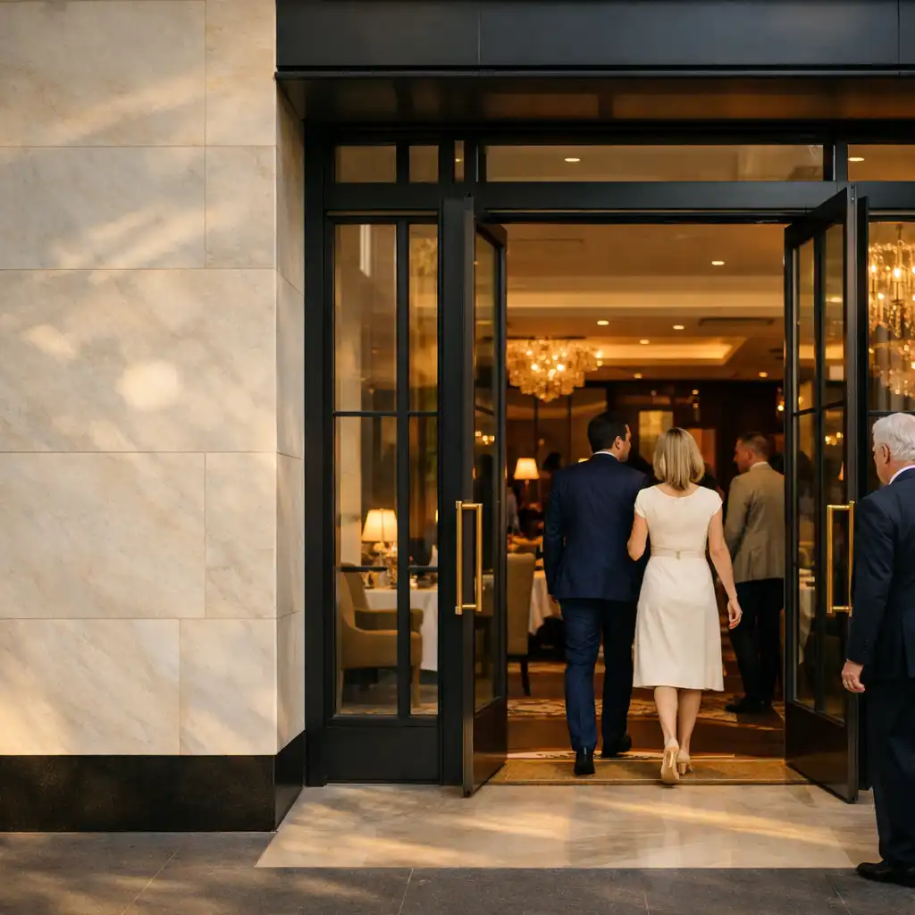 Warmly lit entrance to a refined Melbourne club venue