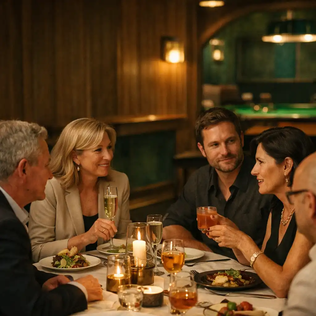 A group of guests sharing dinner and craft cocktails in the club gastro-bar