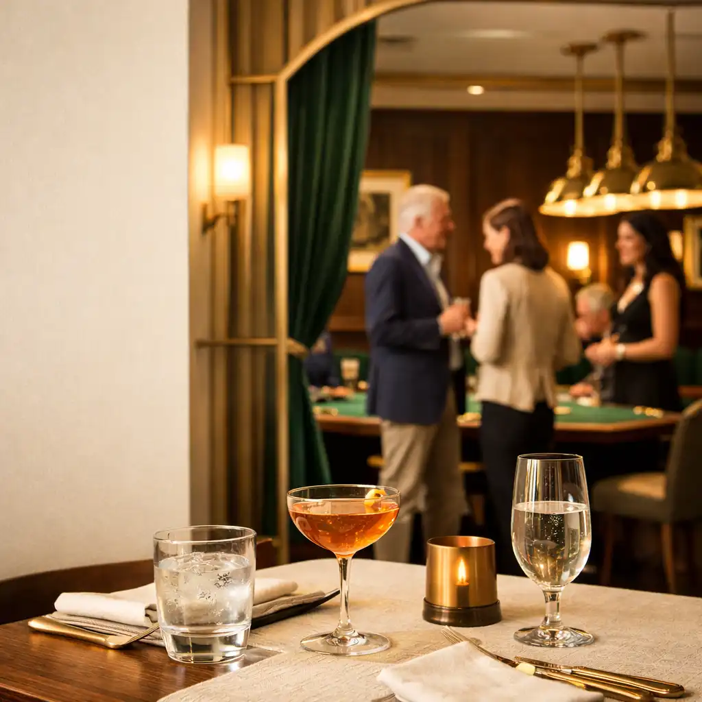 Dining setting leading toward a felt-table card-room space at Apuestas Elitte Club