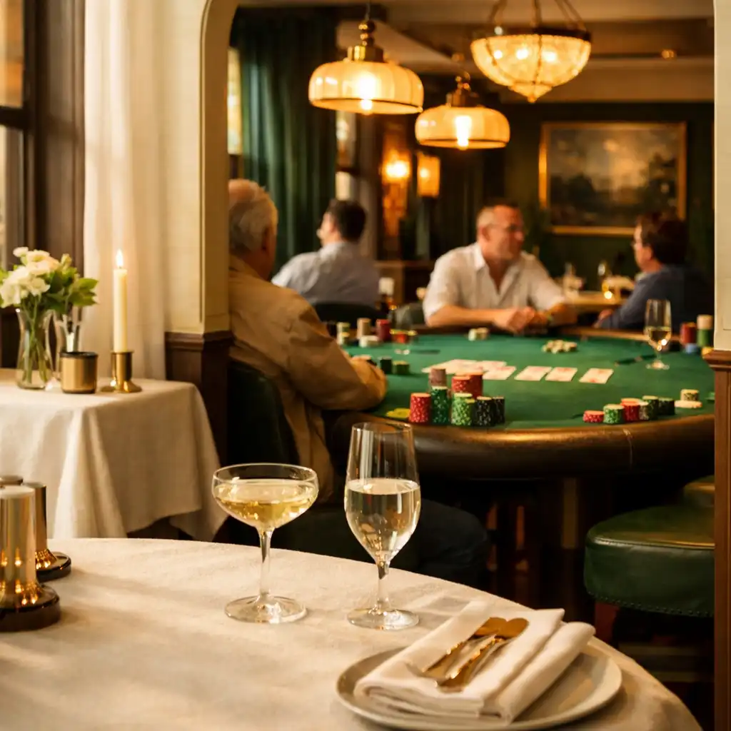 Sunlit dining space leading toward an emerald felt Texas Hold’em table in the club card room